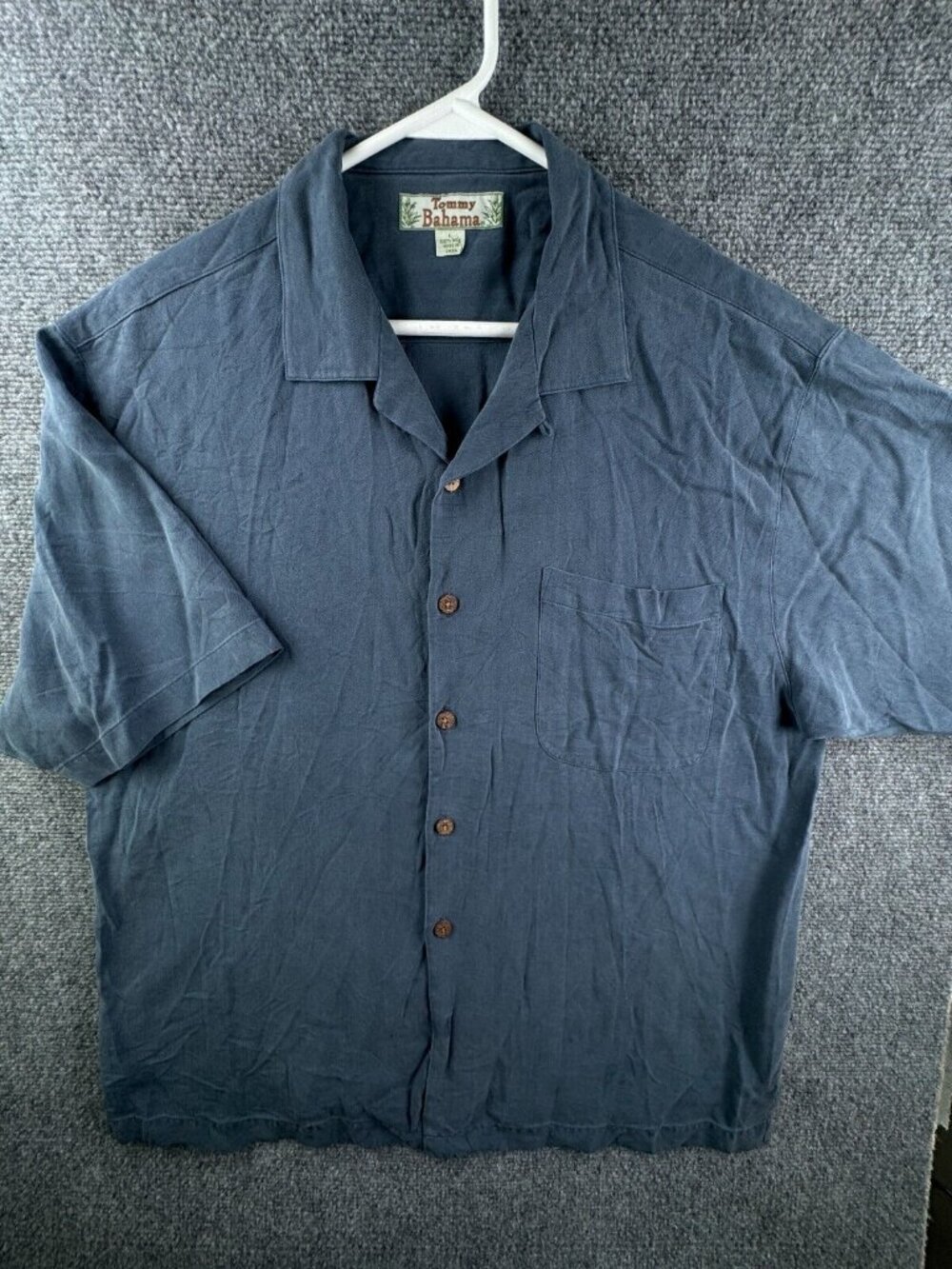 Tommy Bahama Men Silk Large Blue Button Up Short Sleeve Hawaiian Herringbone
